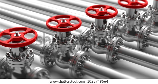 白い背景に産業用のパイプラインと赤い車輪とバルブ 詳細を含むビューの接写 3dイラスト のイラスト素材