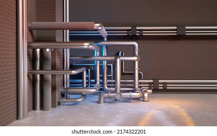 Industrial Pipes. Pipeline Inside Brick Factory. Steel Pipeline Near Wall. Concept Of Pipe In Chemical Factory. Equipment For Chemical Production. Engineering Pipes System Factory. 3d Image.