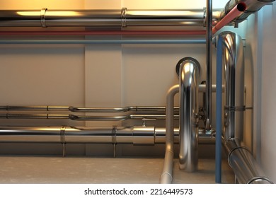 Industrial Pipes. Pipeline Inside Gray Factory. Engineering Pipes System Factory. Steel Pipeline Near Wall. Pipe In Basement Of Chemical Factory. Equipment For Chemical Production. 3d Rendering.