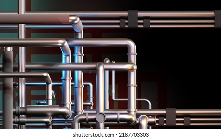 Industrial Pipes. Steel Pipeline Near Intertwined. Pipeline Inside Dark Factory. Concept Pipe In Chemical Factory. Equipment For Chemical Production. Engineering Pipes System Factory. 3d Rendering.