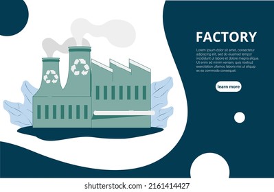 Industrial plant in flat style thin illustration.Factory or factory building.Road tree window facade.Industrial factory building. industrial building concept.Eco style factory.