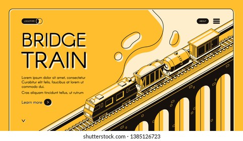 Industrial Rail Freight Transport Isometric Web Banner. Locomotive Pulling Freight Train With Cargo Wagons And Tank Car On Old Arch Bridge, Line Art Illustration. Railway Company Landing Page