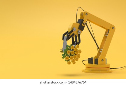 Industrial Robot Isolated On A Yellow Background. Robotic Hand Holds A Bouquet Of Yellow Roses. Conceptual Creative Image Of Artificial Intelligence With Copy Space. 3D Render