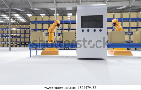 Industrial robot working in factory,Industry\
4.0 Robot concept .3d\
rendering