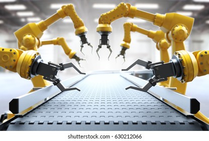 Industrial robotic arms with empty conveyor belt 3D rendering
