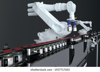 Industrial Robots On The Production Line At A COVID-19 Vaccine Factory .3D Illustration