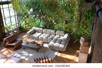 Industrial Style Of Living Room Design With Green Wall, 3d Render