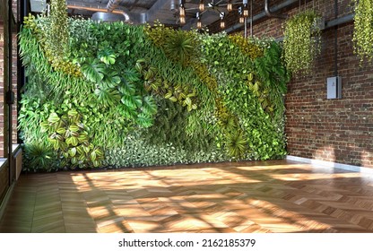 Industrial Style Of Living Room Design With Green Wall, 3d Render