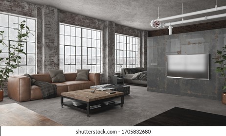 Industrial Styled Interior Of Modern Open Space Loft Apartment - 3 D Rendering