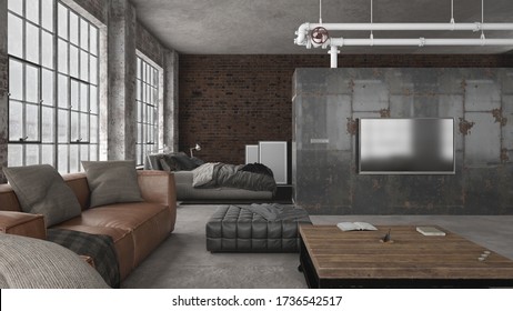 Industrial Styled Interior Of Modern Open Space Loft Apartment - Living Room Looking At Bedroom - 3 D Rendering