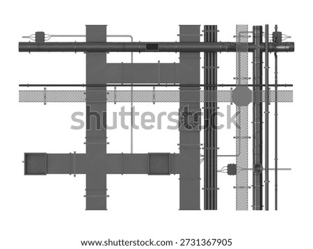 Industrial ventilation system and electrical conduits seen from above on a white background