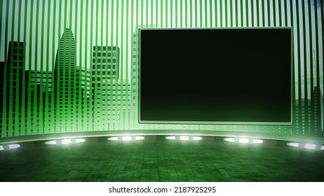 Industrial Virtual TV Backdrop With An Empty Screen. 3D Rendering Studio Background, With A Dark Green Aesthetic. Ideal For Tv Shows Or Tech Events. Graphics Template Suitable On VR Stage Sets