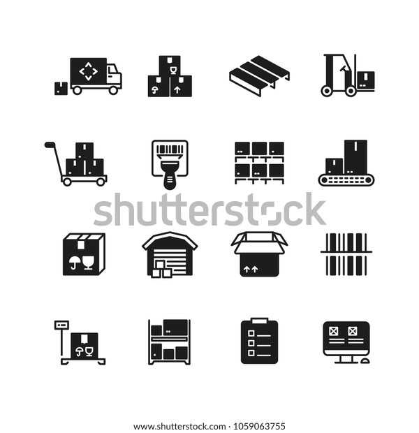 Industrial warehouse, logistics and distribution\
management icons. Illustration of delivery and storage service\
icons