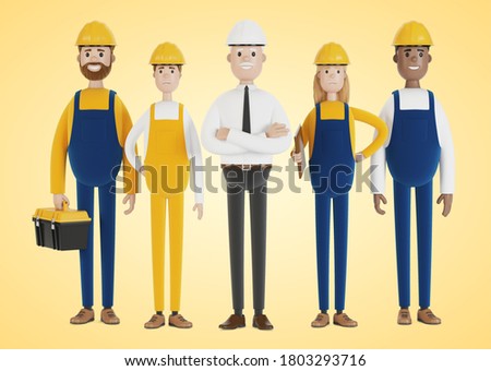 Industrial workers. Construction team. Engineer, technician and workers of various professions. 3D illustration in cartoon style.