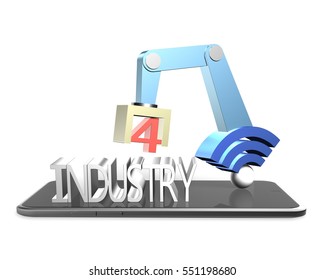 Industry 4.0 concept. 3D illustration robot arm with wifi sign and text of industry 4.0, on the digital tablet.