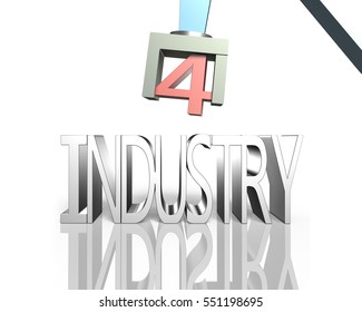 Industry 4.0 concept. 3D illustration robot arm and text of industry 4.0 with reflection, isolated on white.