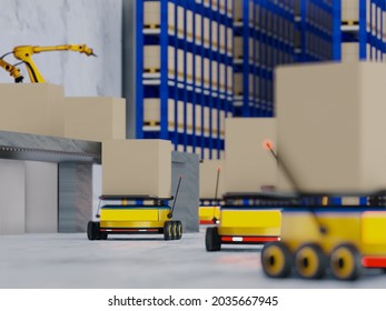 Industry 4.0 Robotic Artificial Intelligence,autonomous Robot AGV (Automated Guided Vehicle),warehouse Logistic,smart Automated Delivery Vehicle Shipping,robot Carrier Carrying Cardboard Box,3d Render