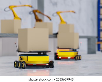 Industry 4.0 Robotic Artificial Intelligence,autonomous Robot AGV (Automated Guided Vehicle),warehouse Logistic,smart Automated Delivery Vehicle Shipping,robot Carrier Carrying Cardboard Box,3d Render