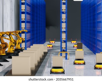 Industry 4.0 Robotic Artificial Intelligence,autonomous Robot AGV (Automated Guided Vehicle),warehouse Logistic,smart Automated Delivery Vehicle Shipping,robot Carrier Carrying Cardboard Box,3d Render