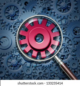 Industry Expertise And Focus As A Business Concept With Gears And Cogs Connected Together As A Financial Partnership With A Red Cog In A Magnifying Glass As An Icon With A Closer Look At A Company.