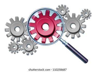 Industry Focus Business Concept With Gears And Cogs Connected Together As A Financial Partnership With A Red Cog In A Magnifying Glass As An Icon With A Closer Look At The Workings Of A Company.