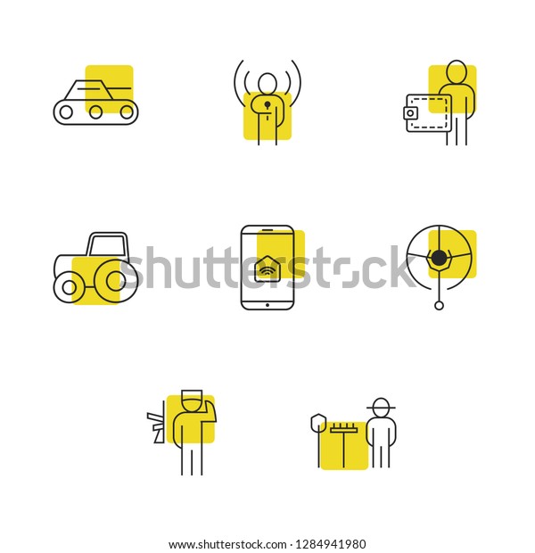 Industry icons set with army,\
internet of things and concert elements. Set of industry icons and\
automotive concept. Editable  elements for logo app UI\
design.