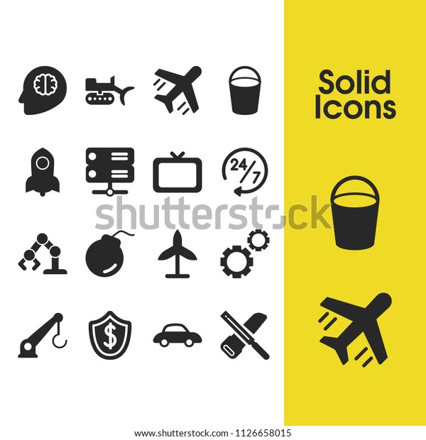 Industry icons set with creative,\
excavator and bucket elements. Set of industry icons and explosive\
concept. Editable  elements for logo app UI\
design.