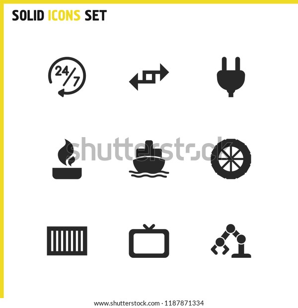 Industry icons set with tv, export and container\
elements. Set of industry icons and ship concept. Editable \
elements for logo app UI\
design.