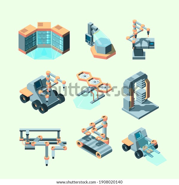 Industry isometric. Smart machinery robotic\
remote control production processes electronic equipment\
intellegence tools\
pictures