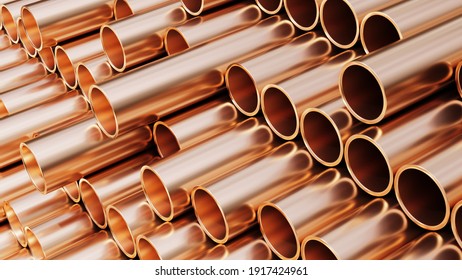 Industry production for plumbing. Copper pipes background. 3d render.