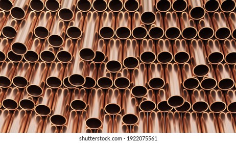 Industry Production For Plumbing. Copper Pipes Background. 3d Render.