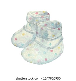 Infant Bootees Illustration. Watercolor Sketch Baby Clothes Illustration. Pastel Colors Polka Dot