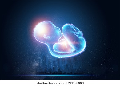 Infant, A Child In A Fetal Position, An Embryo, A Hologram On A Dark Background. Pregnancy Concept, Artificial Insemination, Copy Space. 3D Illustration, 3D Rendering