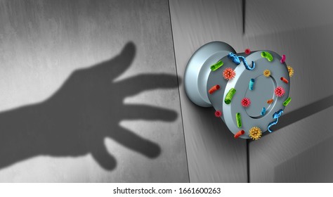 Infectious disease spread and dangers of spreading germs in public as a health care risk as an infected door knob with microscopic viruses as coronavirus and bacteria with 3D illustration elements.