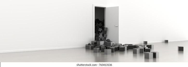 Infinite colored cubes getting out of a door, original 3d rendering