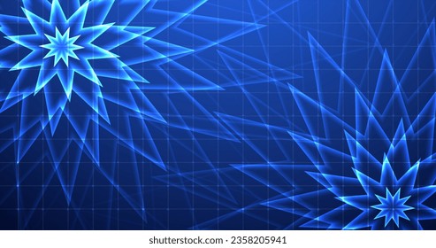 Infinite generating star polygon flower on a futuristic colorful stylish bg. Kaleidoscopic Star Pattern endless flower simulation starburst.
