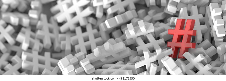 Infinite hashtags on a plane, original 3d rendering illustration. With one icon distinct and out from the crowd.