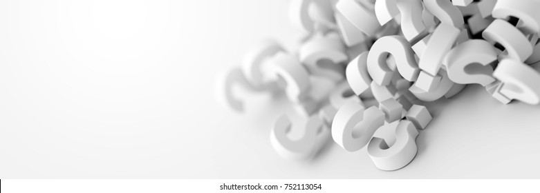 Unendliche Fragezeichen auf weißer und grauer Ebene, originale 3D-Darstellung