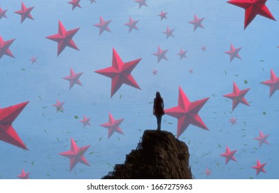 Infinite space. Object floating. Drawing. Surreal scene. Imaginary. Standing Alone. Unreal. Fictional. Philosophical. Lonely human. 2d illustration.