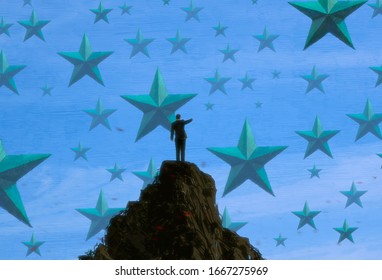 Infinite space. Object floating. Drawing. Surreal scene. Imaginary. Standing Alone. Unreal. Fictional. Philosophical. Lonely human. 2d illustration.