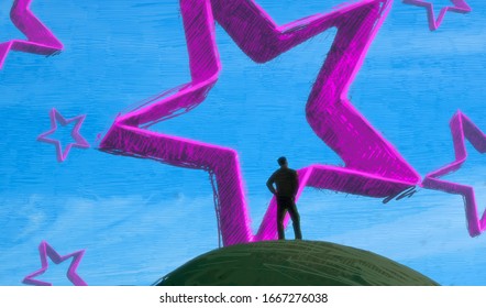 Infinite space. Object floating. Drawing. Surreal scene. Imaginary. Standing Alone. Unreal. Fictional. Philosophical. Lonely human. 2d illustration.