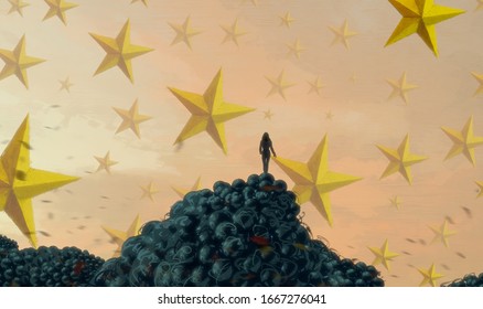 Infinite space. Object floating. Drawing. Surreal scene. Imaginary. Standing Alone. Unreal. Fictional. Philosophical. Lonely human. 2d illustration.