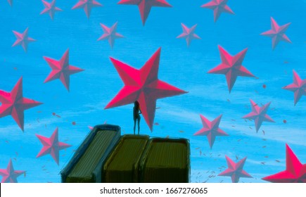 Infinite space. Object floating. Drawing. Surreal scene. Imaginary. Standing Alone. Unreal. Fictional. Philosophical. Lonely human. 2d illustration.
