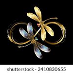 Infinity, painted in gold paint, adorned with two jeweled, gold dragonflies with sparkling, detailed wings on black background. Gold dragonfly.