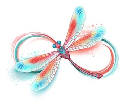 Infinity Painted With Large Brush Strokes, Red, Orange And Turquoise Paint With Artistically Drawn Red Dragonfly Decorated With Light Red, Detailed Wings On White Background.