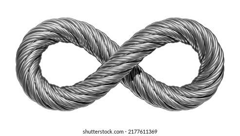 Infinity Sign Made Of Wire Rope, Metal Hawser, Steel Cable. Power Engineering And Nautical Industry Symbol. 3D Render Isolated On White Background.