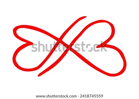 Infinity symbol with two hearts intersecting. Hand painted with black paint. Grunge brush stroke. Vector illustration.