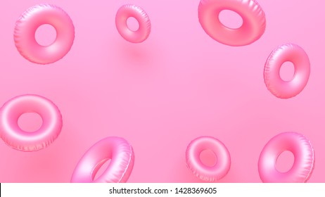 Inflatable circle on a pink pastel background. Summer vacation concept. Minimal abstract wallpaper concept. Velvet season. Flat lay. 3d render