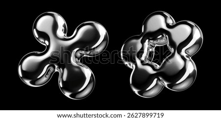 Inflatable metallic molecule 3D shape. Futuristic geometric 3D element. Science and technology chrome metal object