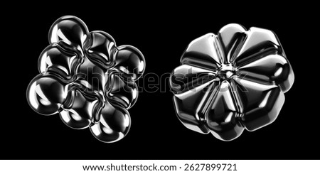 Inflatable metallic molecule 3D shape. Futuristic geometric 3D element. Science and technology chrome metal object